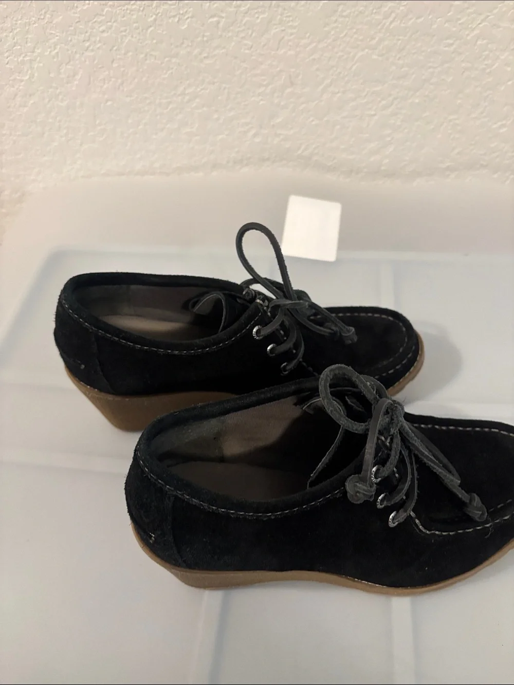 Sperry Black Stella Keel wedge booties SZ 8.5M suede uppers & tan wedge heel
